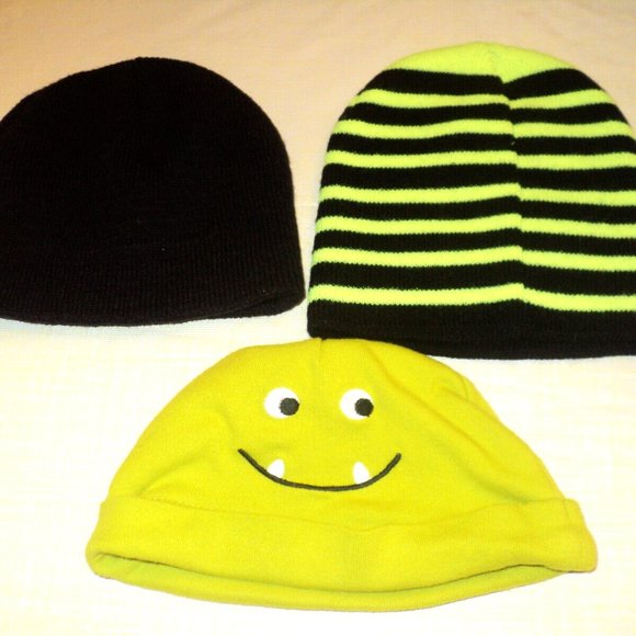 Lot of 3 Baby Boy Knit Hats Lime Green & Black Carter's 9 mos, Healthtex One Si - Picture 1 of 5